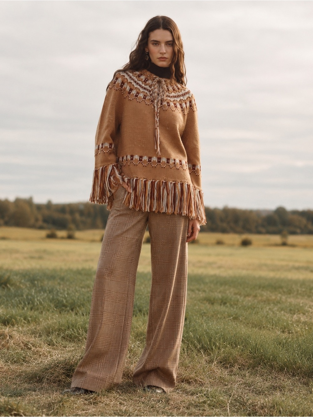 NWT Zara Limited Edition 100% Wool Jacquard Fringe Poncho Style Sweater Size S